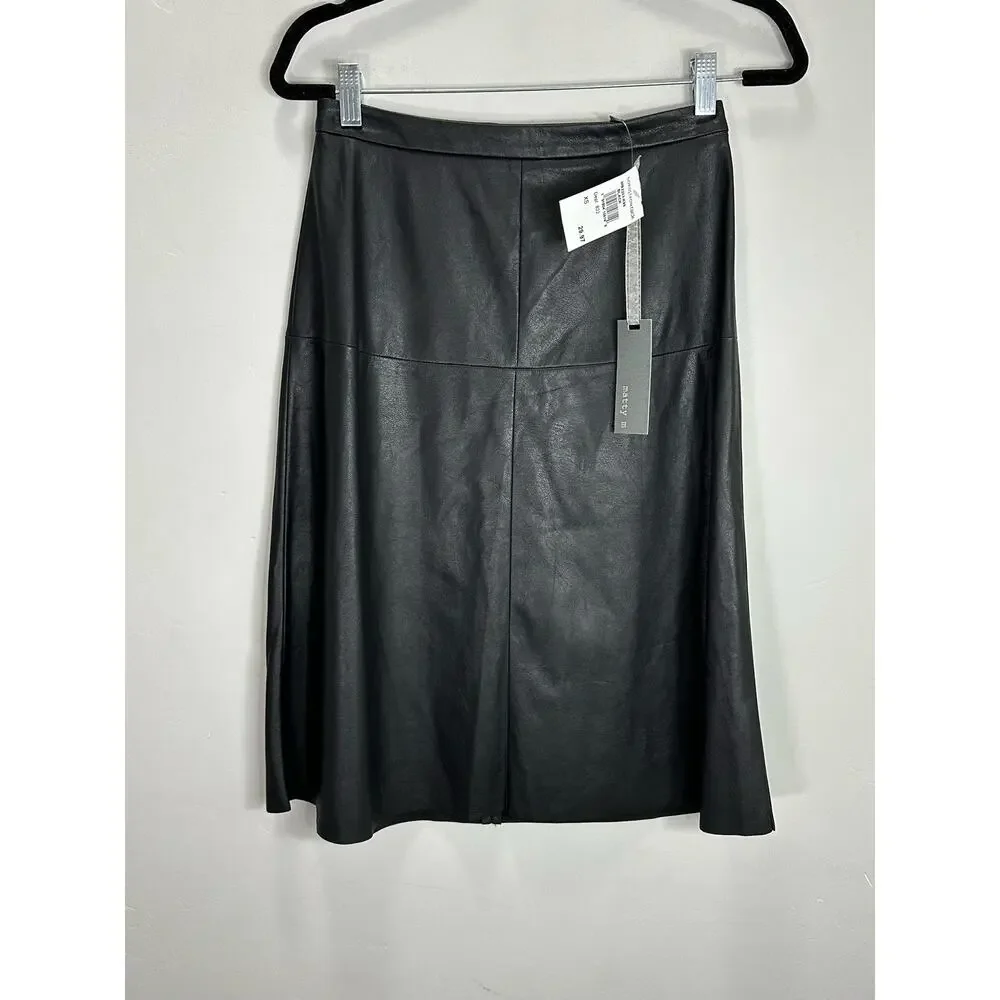 Matty M NWT Women’s Black Faux Leather A Line Midi Skirt size XS